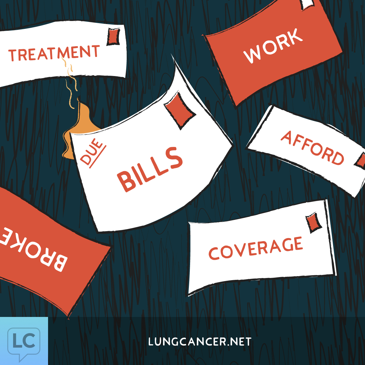 Bills with words like treatment, work, afford, coverage, broke pile up and one begins to catch fire.