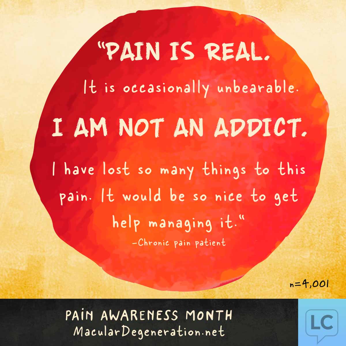 Quote describing pain as real, unbearable, and life changing. They are not an addict and just want help with the pain