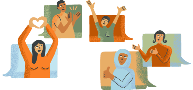 A group of people inside speech bubbles showing support.