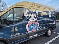 Side view of the LiveLung van, showing the mascot holding lungs and details of the '20th Cancerversary Coast-to-Coast Road Trip,' encouraging joining local chapters across multiple states.